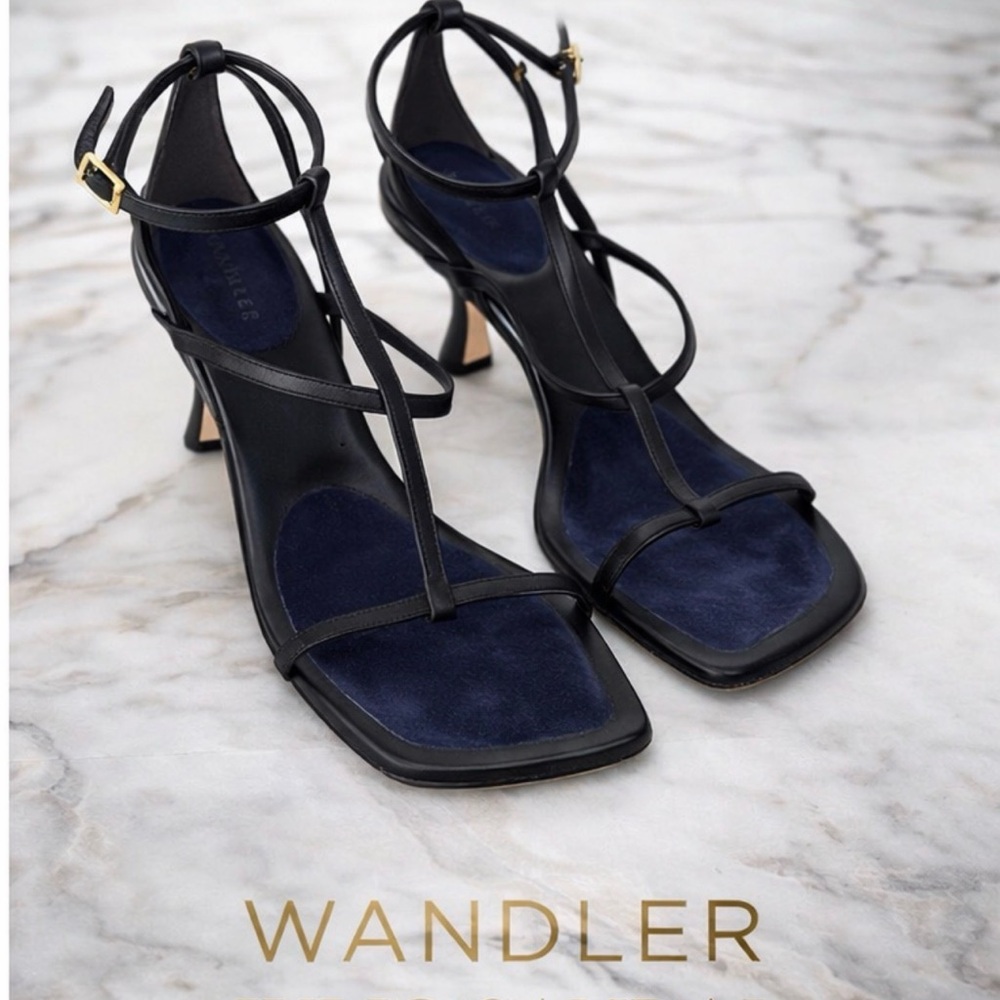 Wandler Julio Strappy Leather Sandals Black/Navy Suede Insole T-Strap Heel EU 41